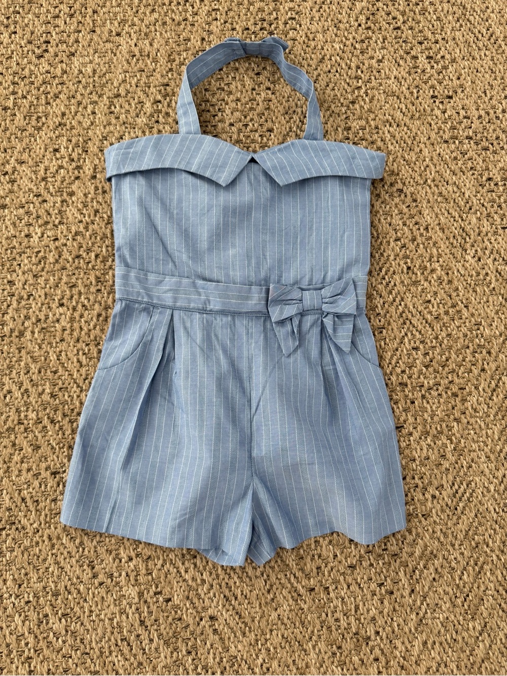Janie and Jack Light Blue Pinstripe Halter Romper with Waist Bow